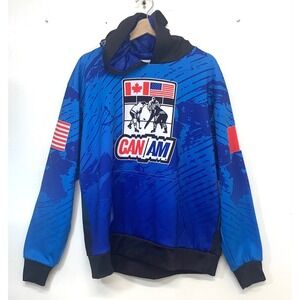 CAN/AM Hockey Hoodie Mens Adult Large Blue Graphic USA Canada Flags Pullover